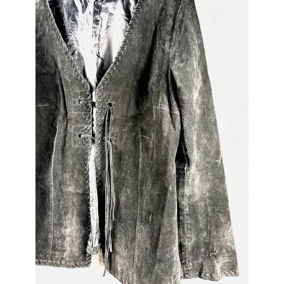 Faded Glory Ladies Leather Jacket L Black Fringe Tie Closure - Picture 5 of 16